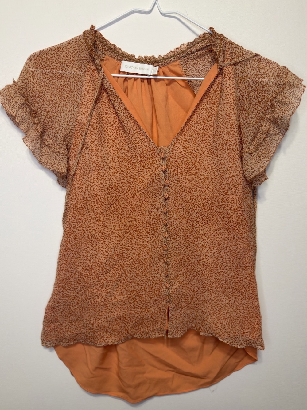 Jonathan Simkhai 100% Silk Orange Flutter Short Sleeve Blouse Size XS